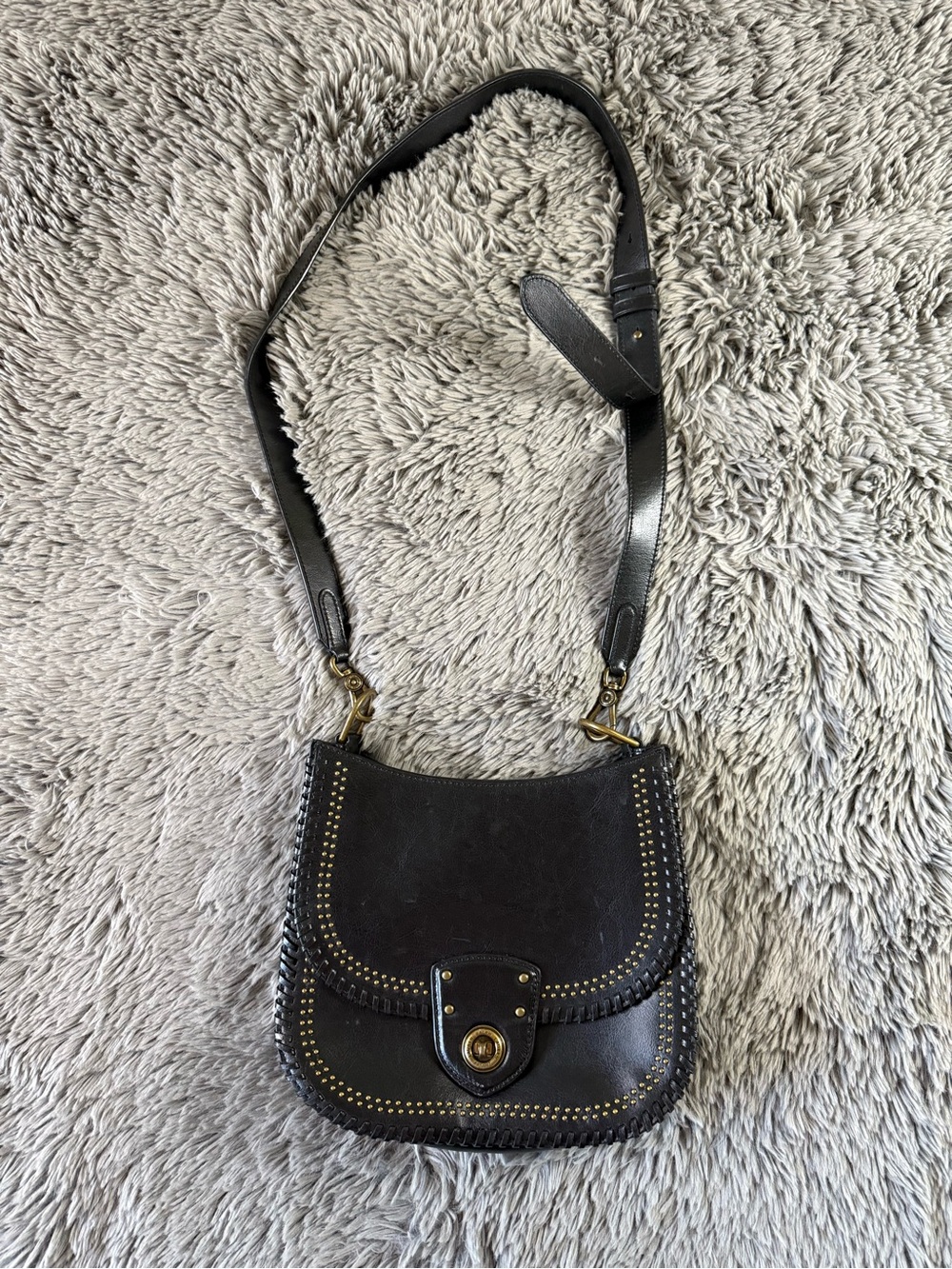 Lauren Ralph Lauren Black Leather Studded Whipstitch Crossbody Saddle Bag